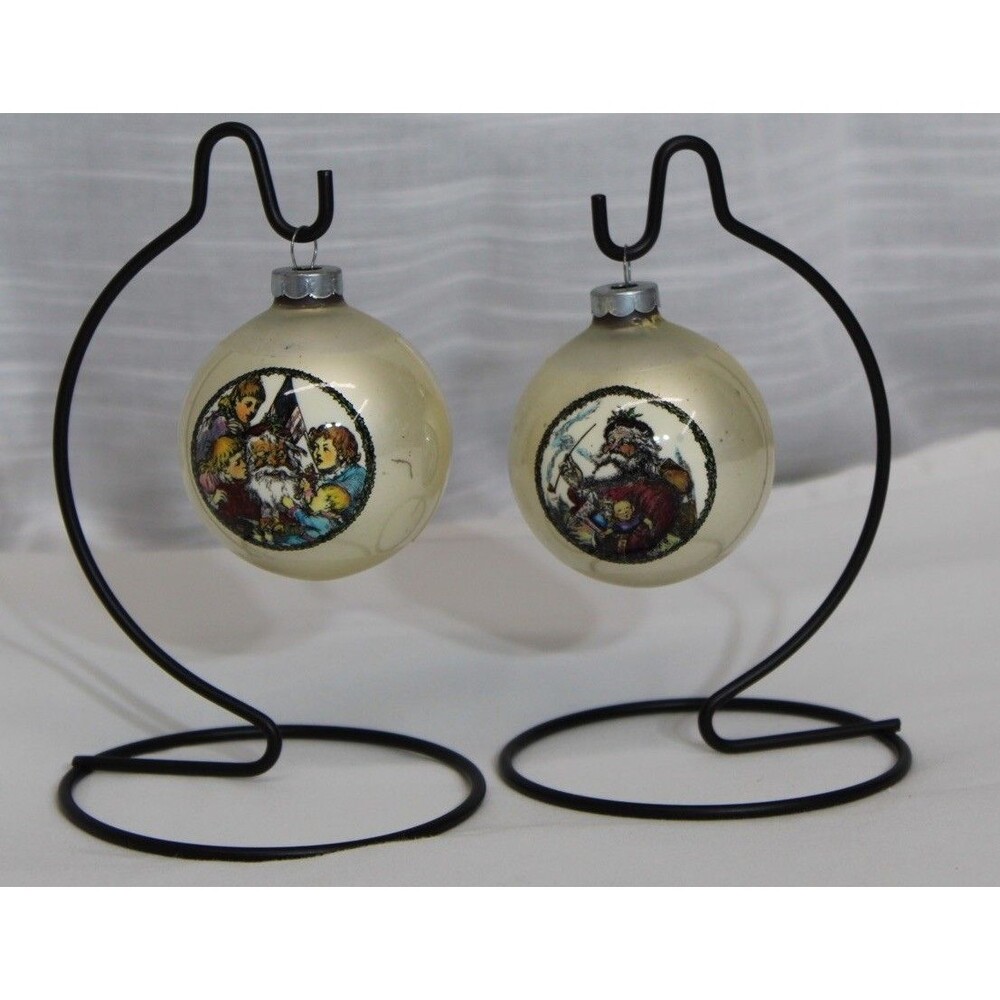 Vintage Glass Santa Ornaments Pair Made in USA Old World Decal 3" Cream